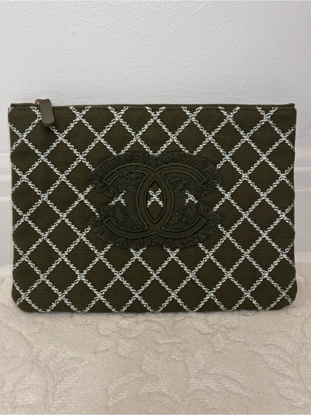 Chanel Khaki Green Contrast Stitch CC Large O Case Clutch Bag
